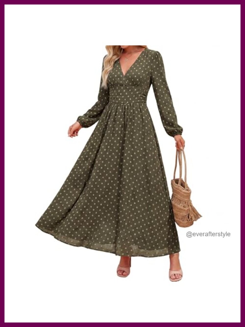 Swiss Dot Long Sleeve V-Neck Midi Faux Wrap A-Line Dress